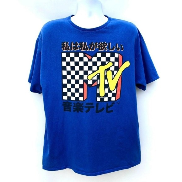 MTV Other - MTV Japanese Logo Graphic T Shirt Mens XL Blue Checkered Cotton Streetwear